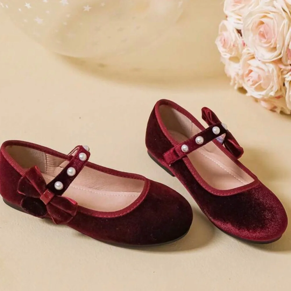Girls Velvet Mary Jane Shoes with Pearl Strap - Burgundy Size 1